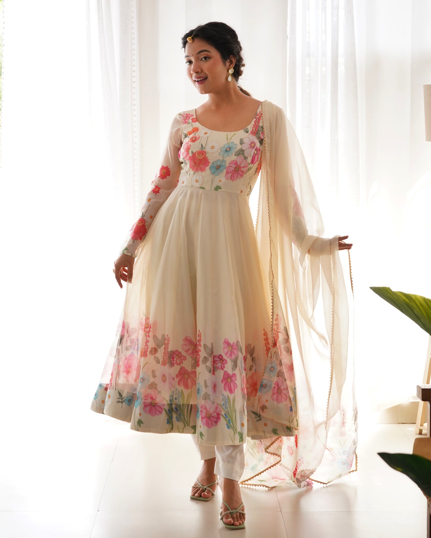 OFF WHITE COLOR FLORAL PRINT ORGANZA ANARKALI SUIT SET OF 3