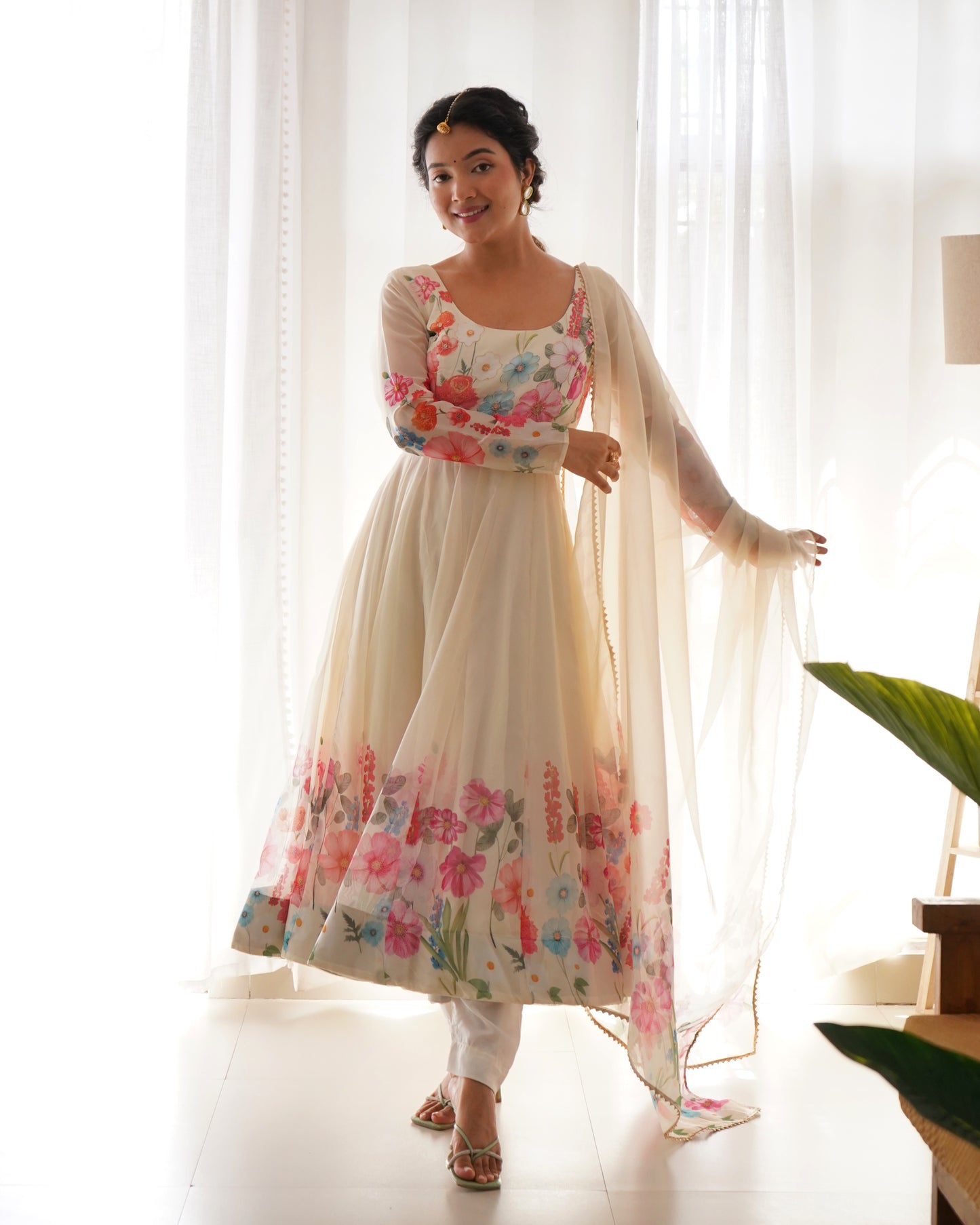 OFF WHITE COLOR FLORAL PRINT ORGANZA ANARKALI SUIT SET OF 3