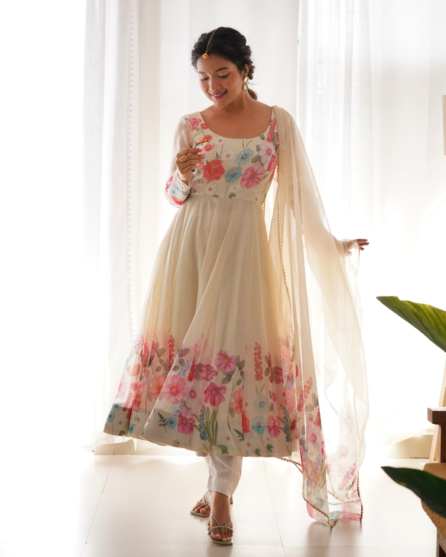 OFF WHITE COLOR FLORAL PRINT ORGANZA ANARKALI SUIT SET OF 3