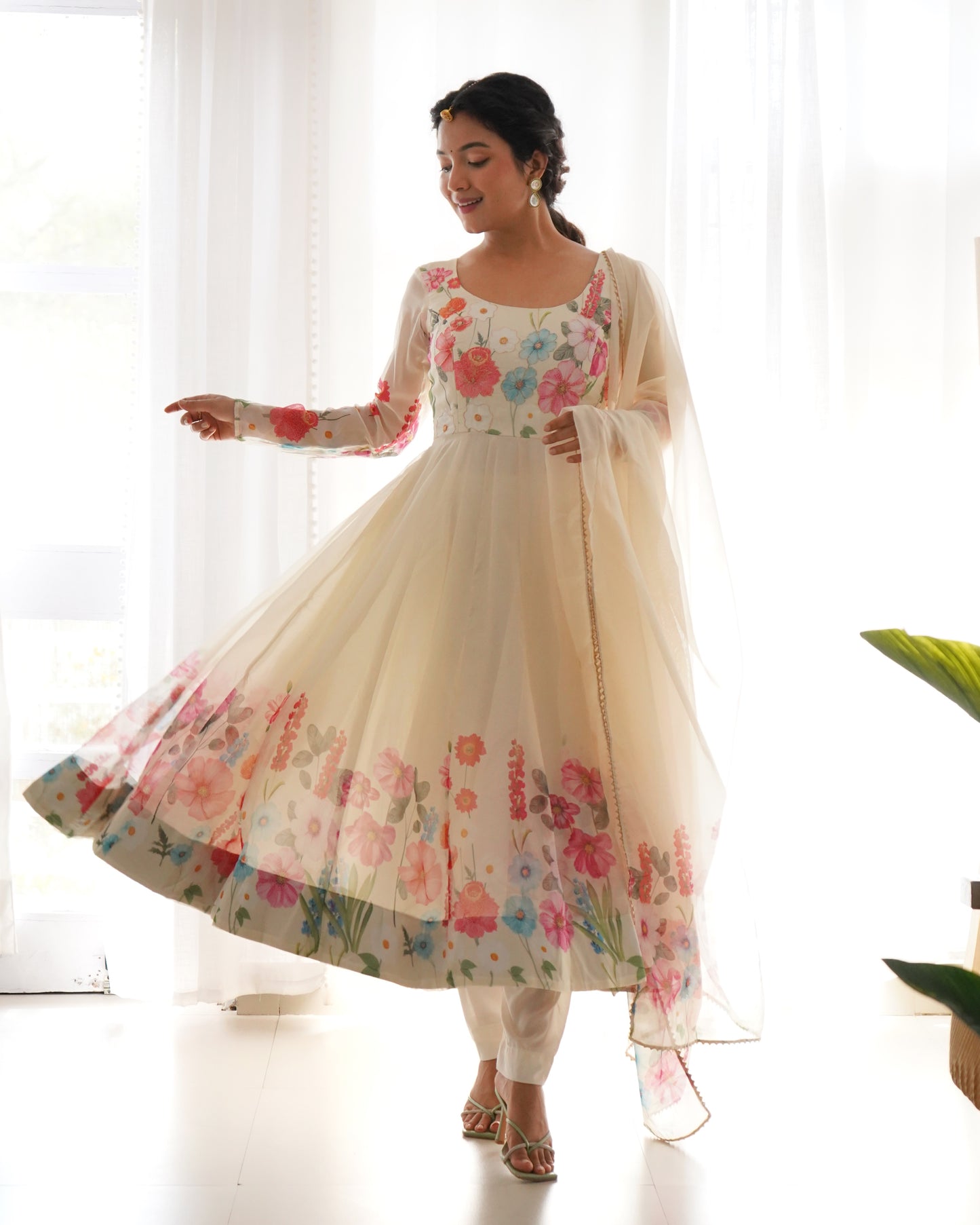 OFF WHITE COLOR FLORAL PRINT ORGANZA ANARKALI SUIT SET OF 3