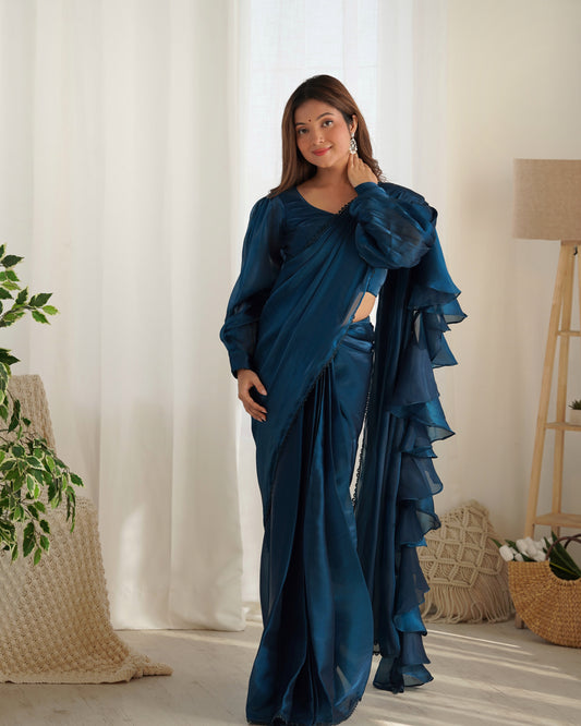 TEAL BLUE COLOR JIMMY CHOO PRE DRAPPED SAREE