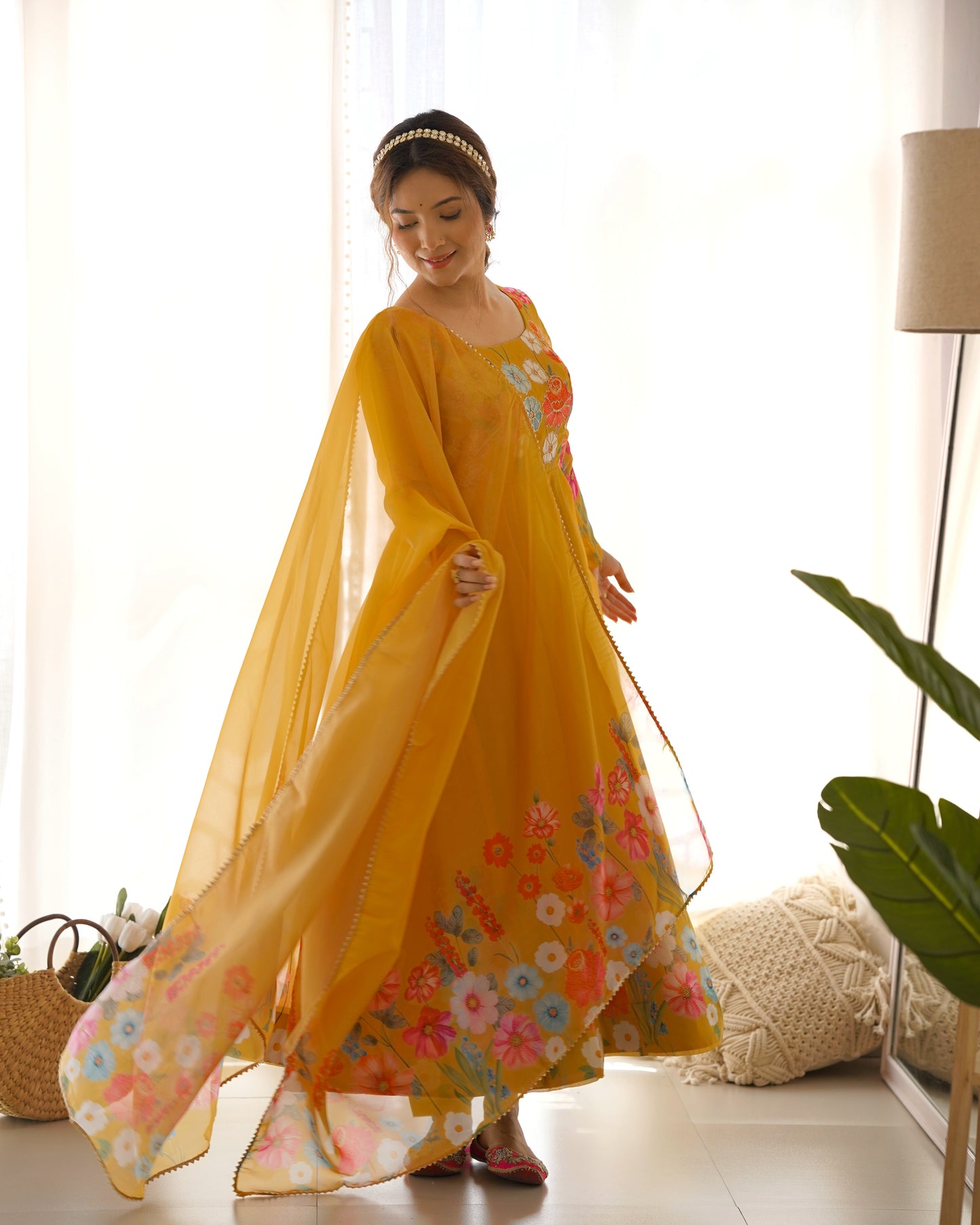 YELLOW COLOR FLORAL PRINT ORGANZA ANARKALI SUIT SET OF 3
