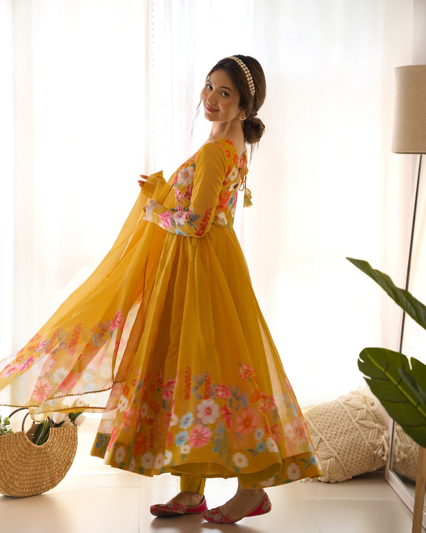YELLOW COLOR FLORAL PRINT ORGANZA ANARKALI SUIT SET OF 3