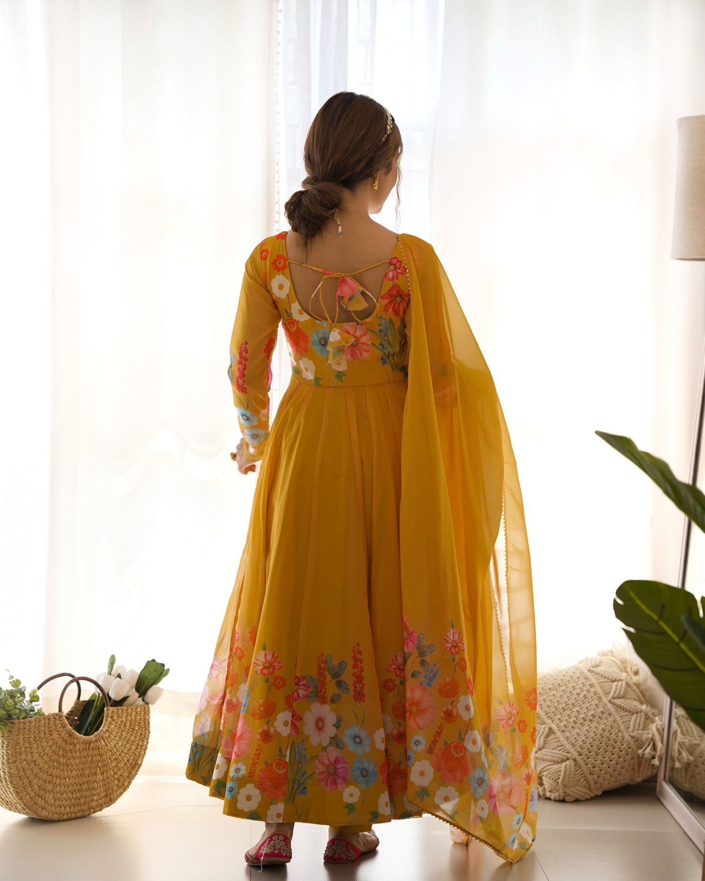 YELLOW COLOR FLORAL PRINT ORGANZA ANARKALI SUIT SET OF 3
