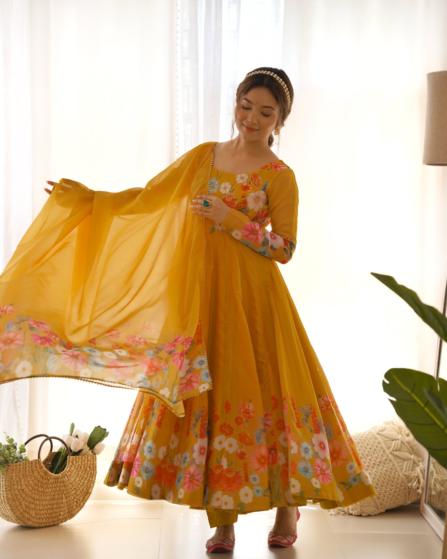 YELLOW COLOR FLORAL PRINT ORGANZA ANARKALI SUIT SET OF 3