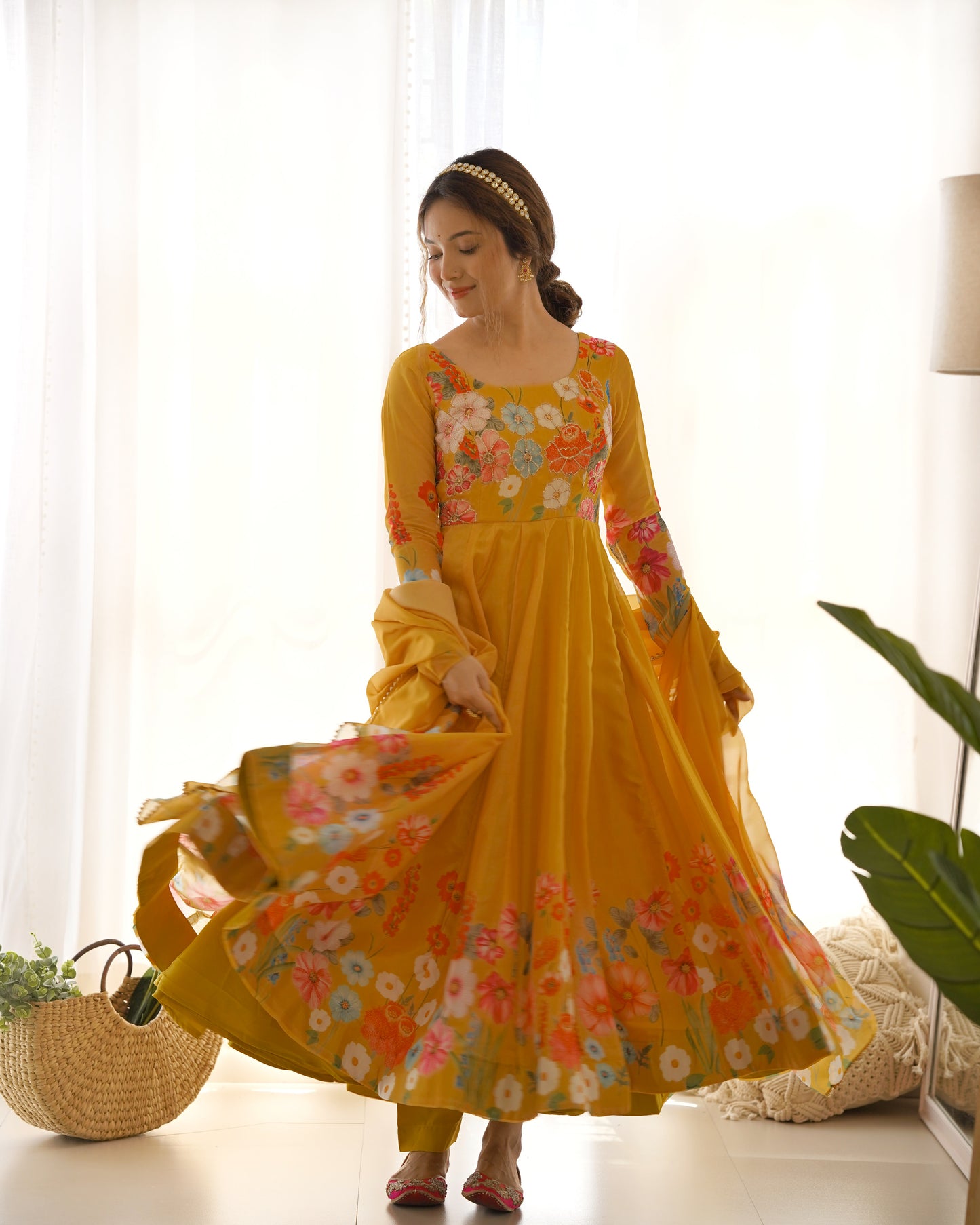 YELLOW COLOR FLORAL PRINT ORGANZA ANARKALI SUIT SET OF 3