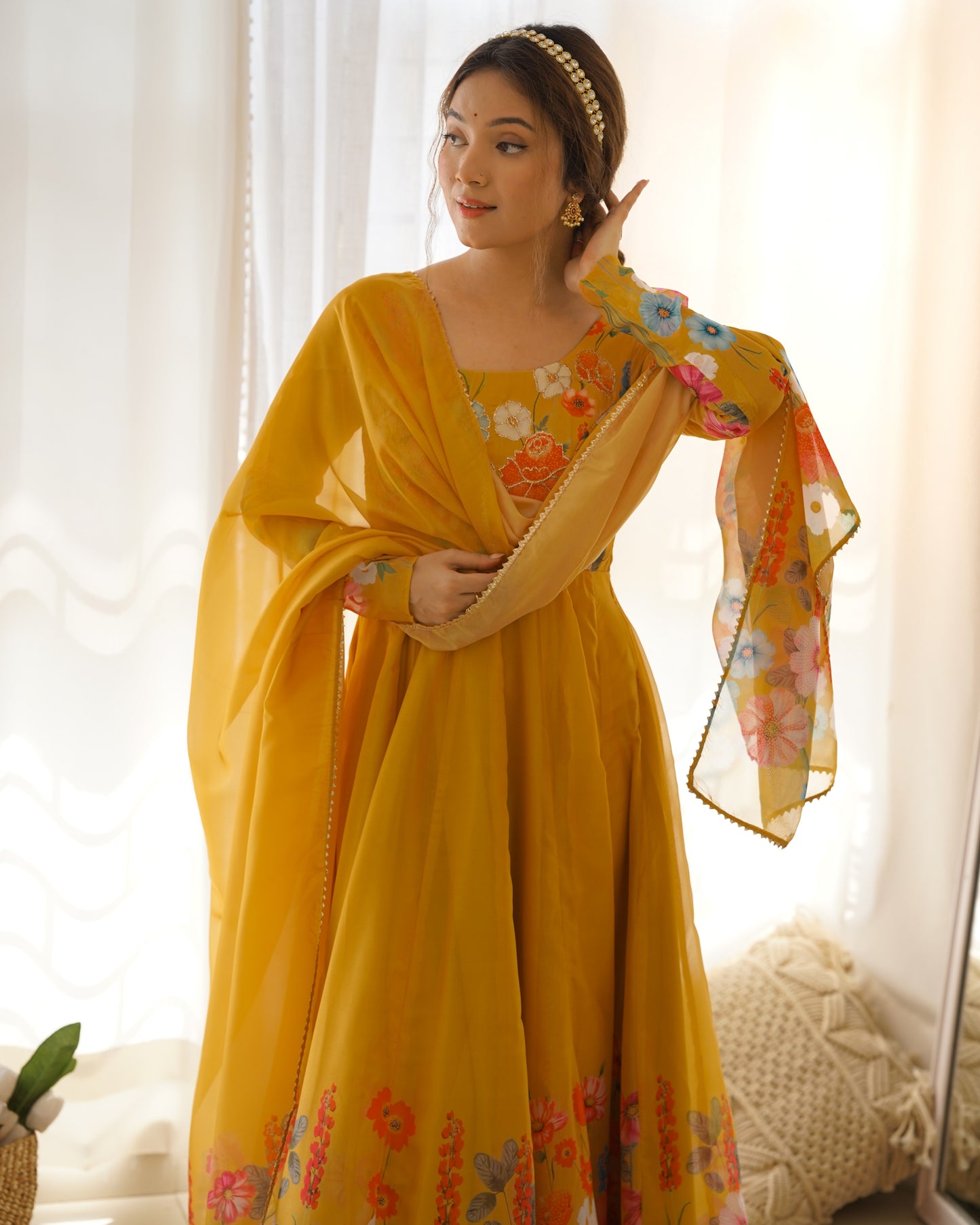 YELLOW COLOR FLORAL PRINT ORGANZA ANARKALI SUIT SET OF 3