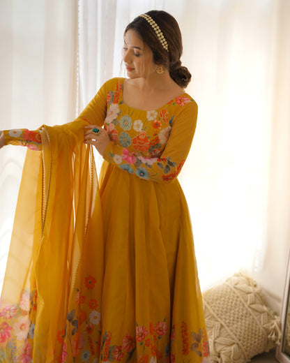 YELLOW COLOR FLORAL PRINT ORGANZA ANARKALI SUIT SET OF 3