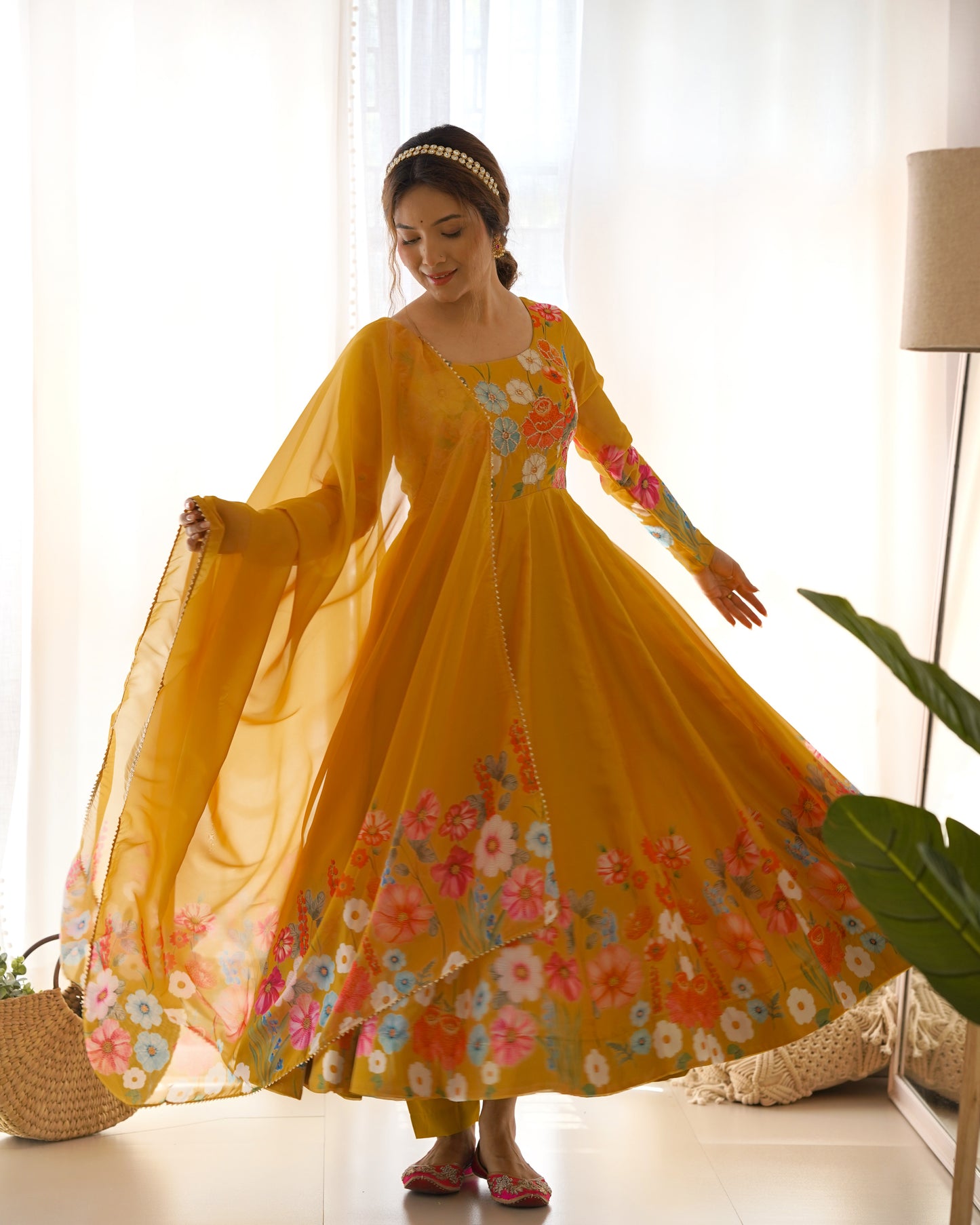 YELLOW COLOR FLORAL PRINT ORGANZA ANARKALI SUIT SET OF 3