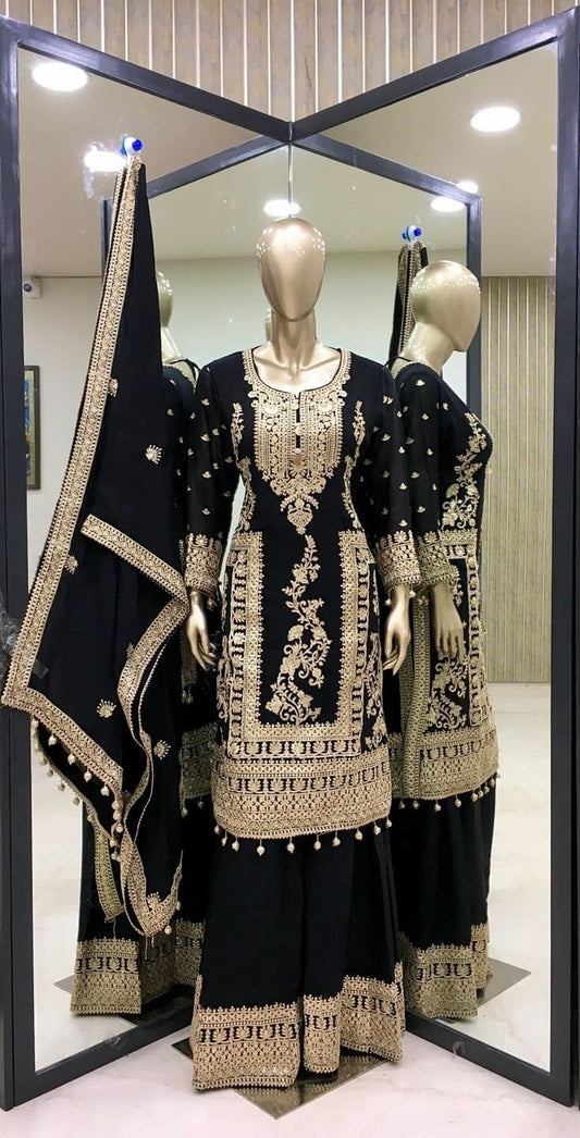 PURE CHINNON SILK BASE HEAVY EMBROIDERY CODING DORI & SEQUENCE WORK SALWAR SUIT SET OF 3