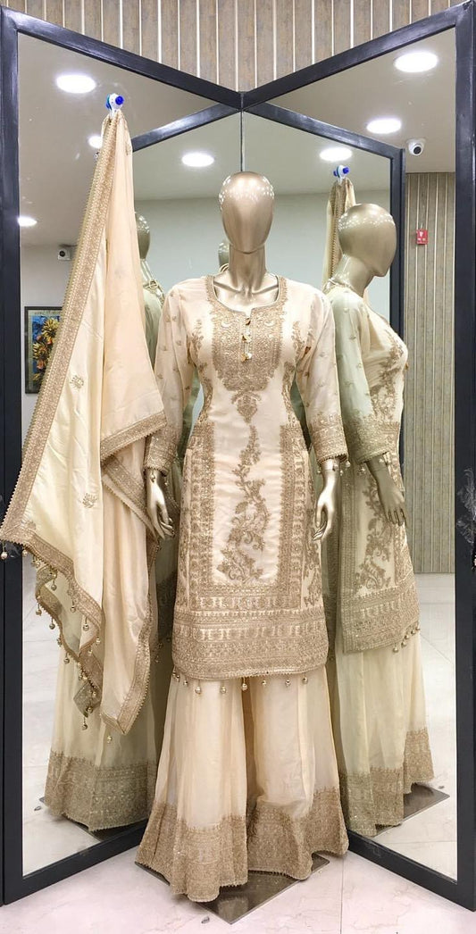 PURE CHINNON SILK BASE HEAVY EMBROIDERY CODING DORI & SEQUENCE WORK SALWAR SUIT SET OF 3