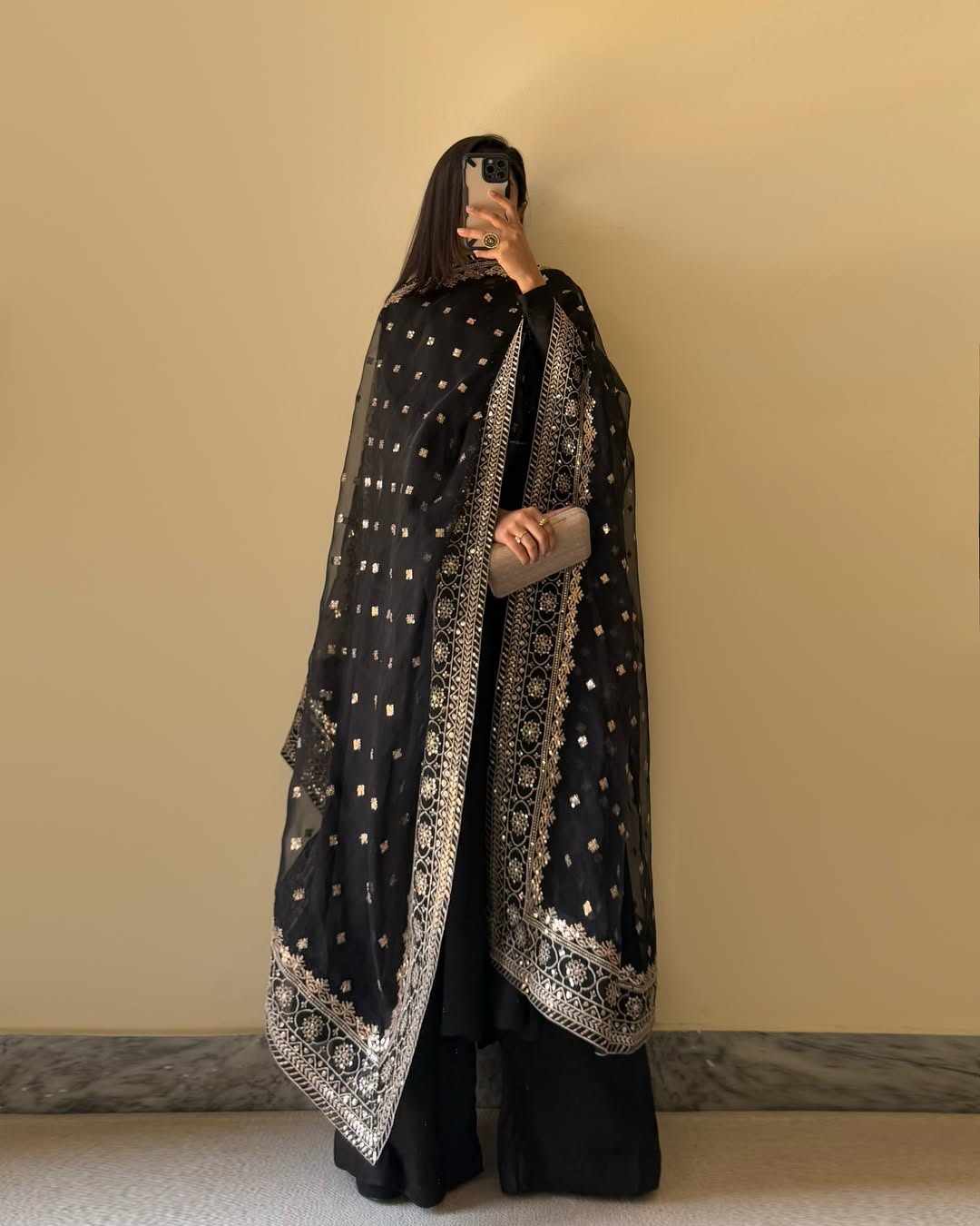 BLACK COLOR GEORGETTE THREE PIECE PLAZZO SUIT