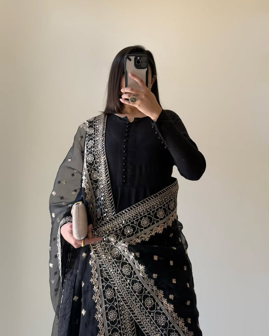 BLACK COLOR GEORGETTE THREE PIECE PLAZZO SUIT