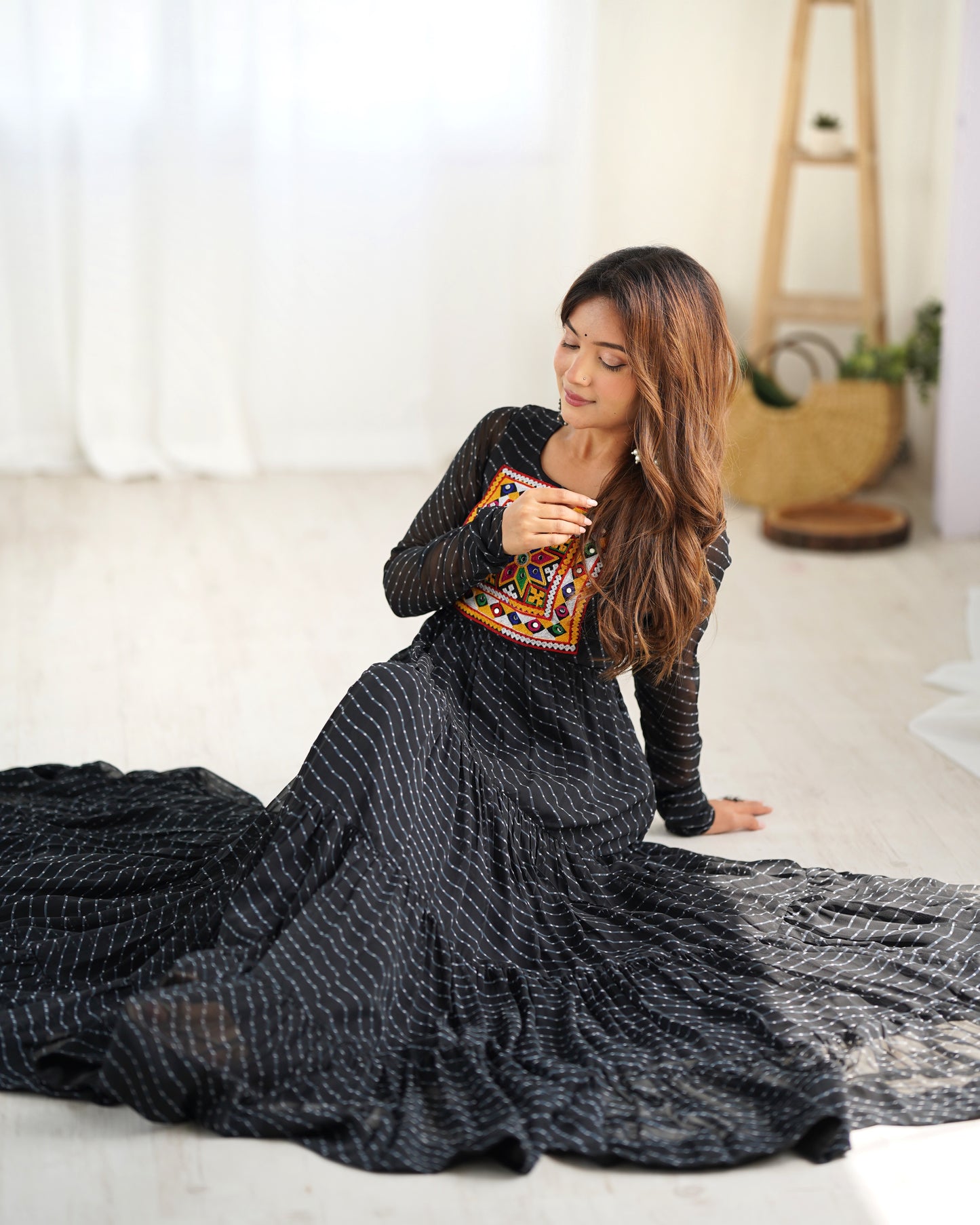 BLACK COLOR GEORGETTE LAHERIYA PRINT NAVRATRI GOWN