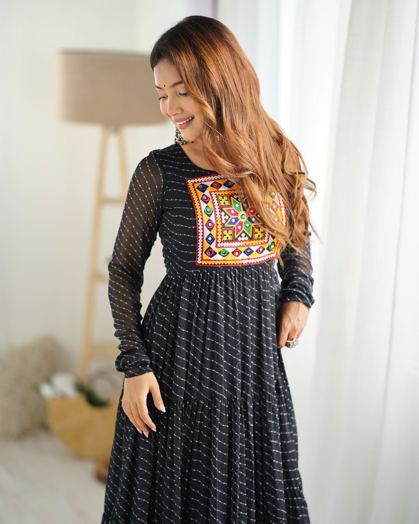 BLACK COLOR GEORGETTE LAHERIYA PRINT NAVRATRI GOWN