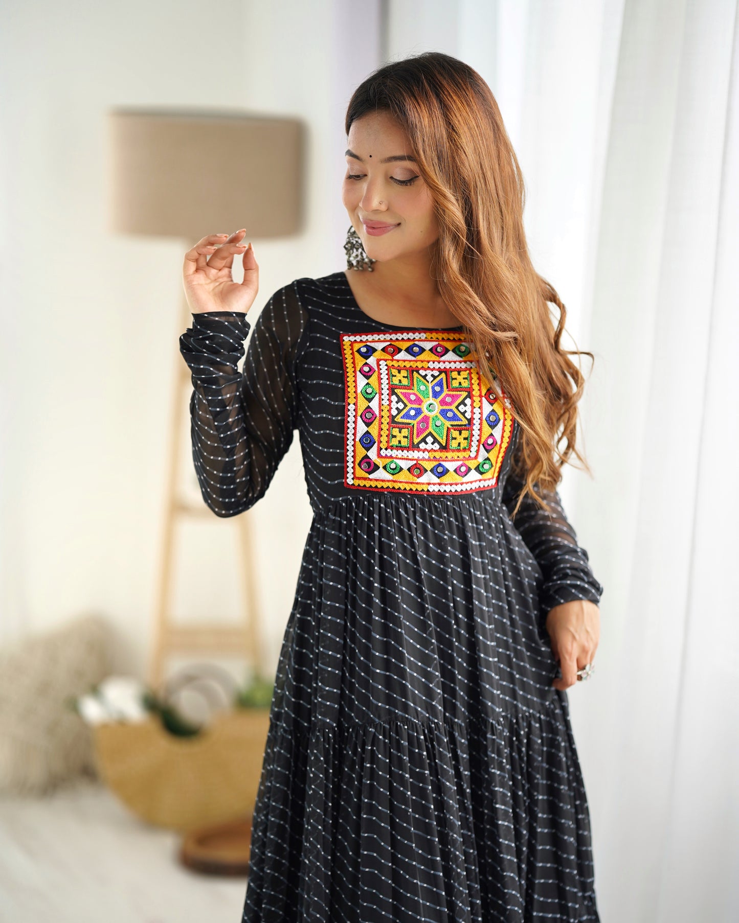 BLACK COLOR GEORGETTE LAHERIYA PRINT NAVRATRI GOWN