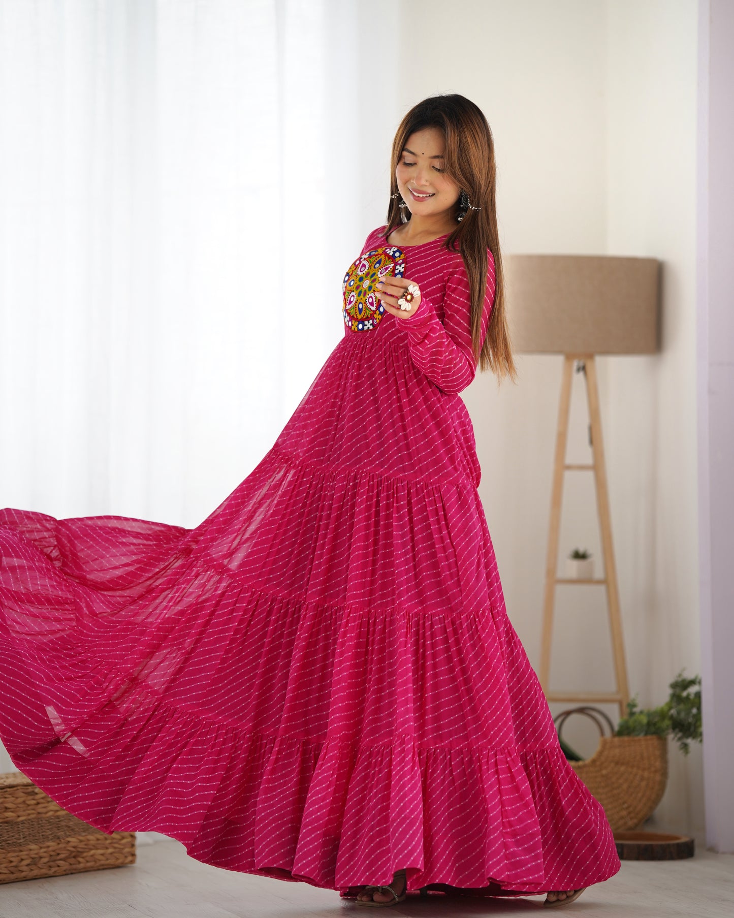 RANI PINK COLOR GEORGETTE LAHERIYA PRINT NAVRATRI GOWN