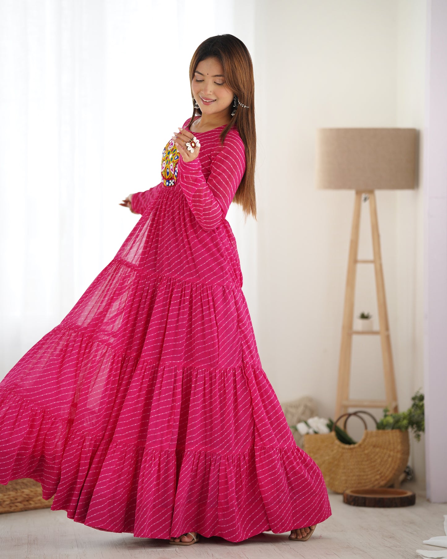 RANI PINK COLOR GEORGETTE LAHERIYA PRINT NAVRATRI GOWN