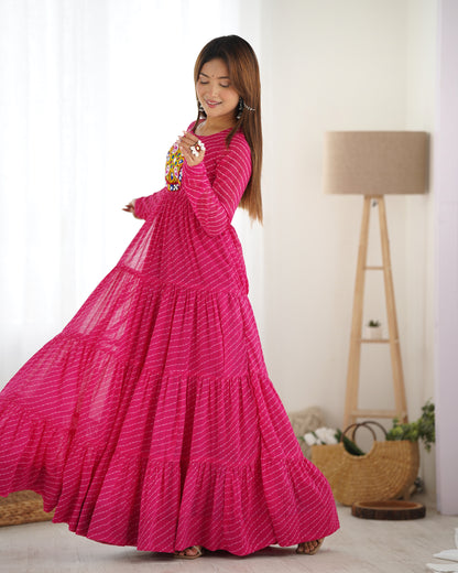 RANI PINK COLOR GEORGETTE LAHERIYA PRINT NAVRATRI GOWN