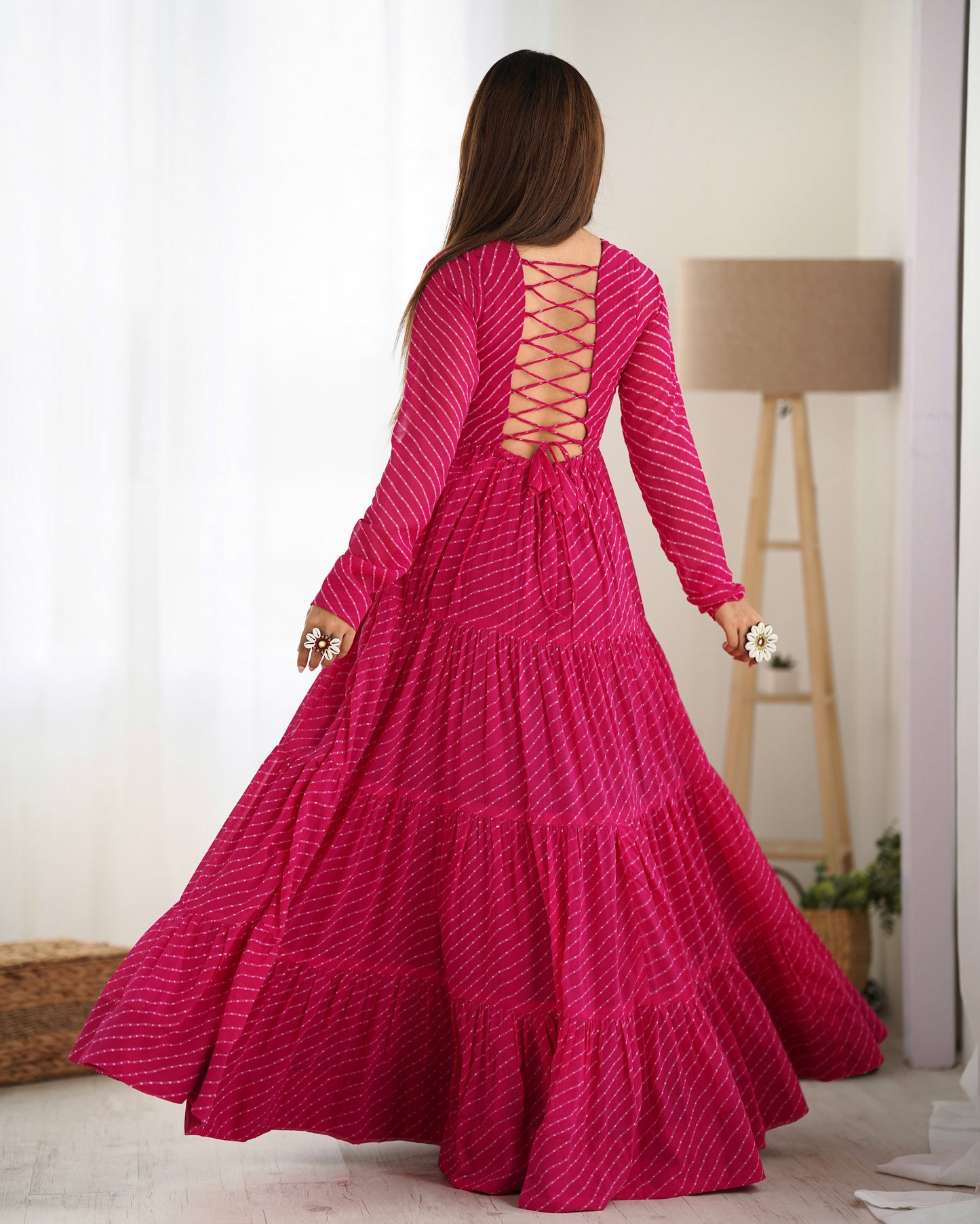 RANI PINK COLOR GEORGETTE LAHERIYA PRINT NAVRATRI GOWN