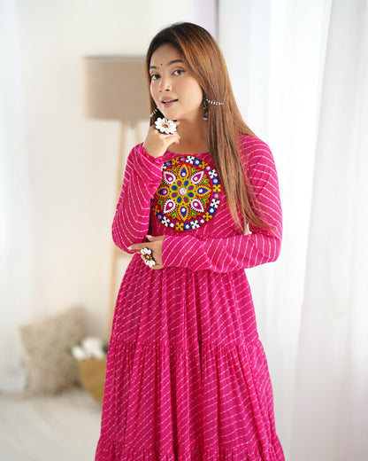 RANI PINK COLOR GEORGETTE LAHERIYA PRINT NAVRATRI GOWN