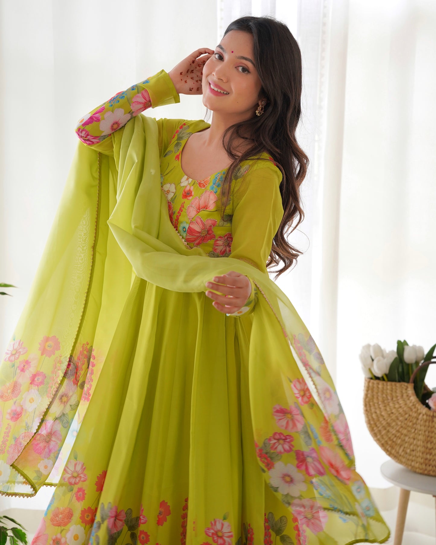 NEON COLOR FLORAL PRINT ORGANZA ANARKALI SUIT SET OF 3
