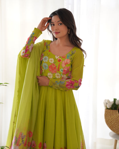 NEON COLOR FLORAL PRINT ORGANZA ANARKALI SUIT SET OF 3