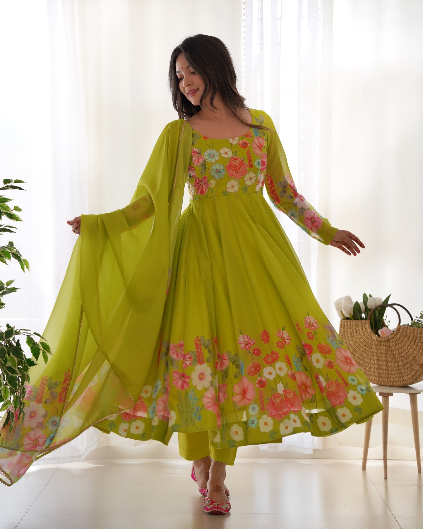 NEON COLOR FLORAL PRINT ORGANZA ANARKALI SUIT SET OF 3