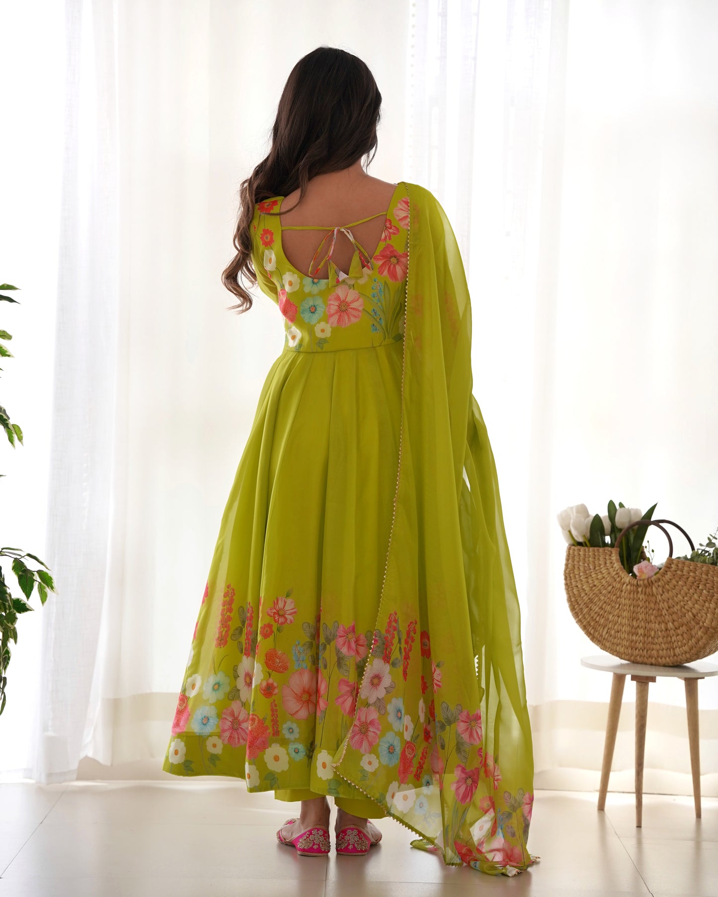 NEON COLOR FLORAL PRINT ORGANZA ANARKALI SUIT SET OF 3