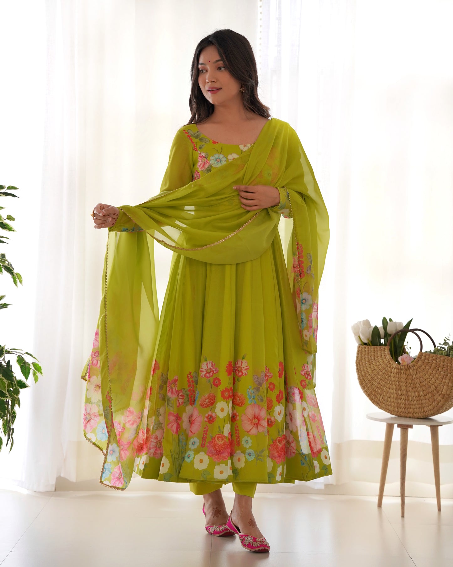 NEON COLOR FLORAL PRINT ORGANZA ANARKALI SUIT SET OF 3