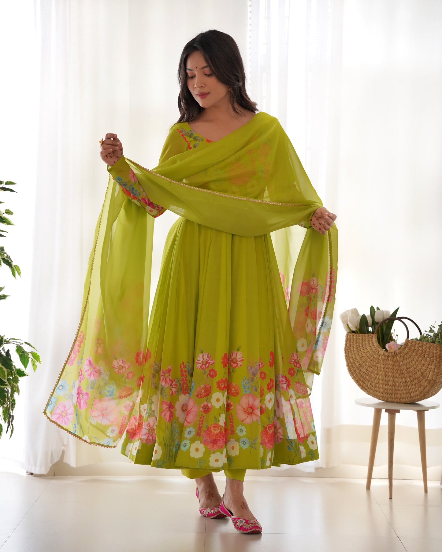 NEON COLOR FLORAL PRINT ORGANZA ANARKALI SUIT SET OF 3