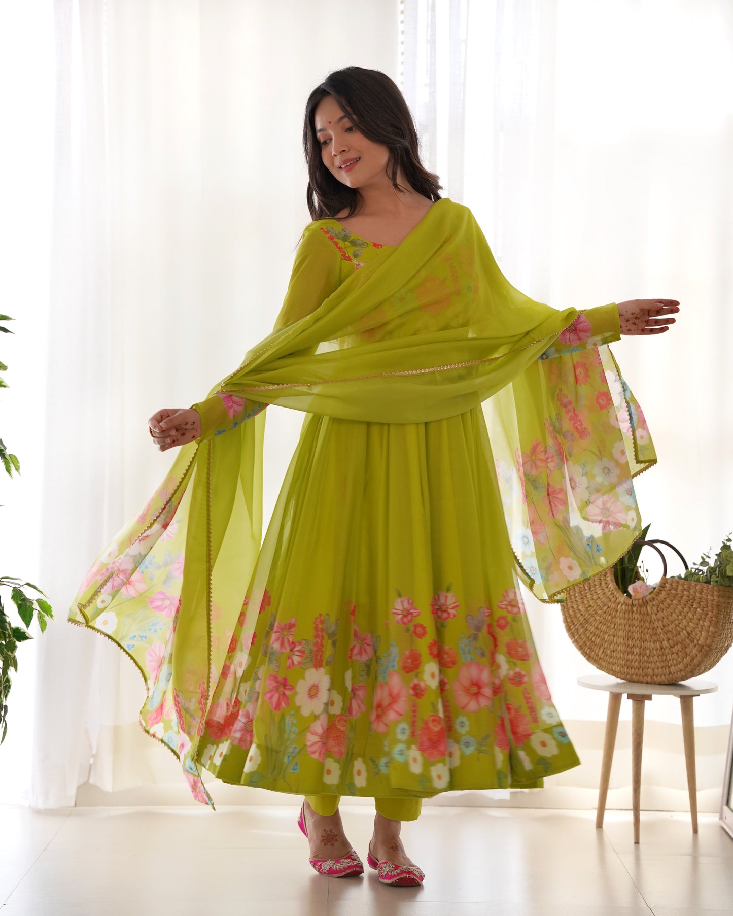 NEON COLOR FLORAL PRINT ORGANZA ANARKALI SUIT SET OF 3