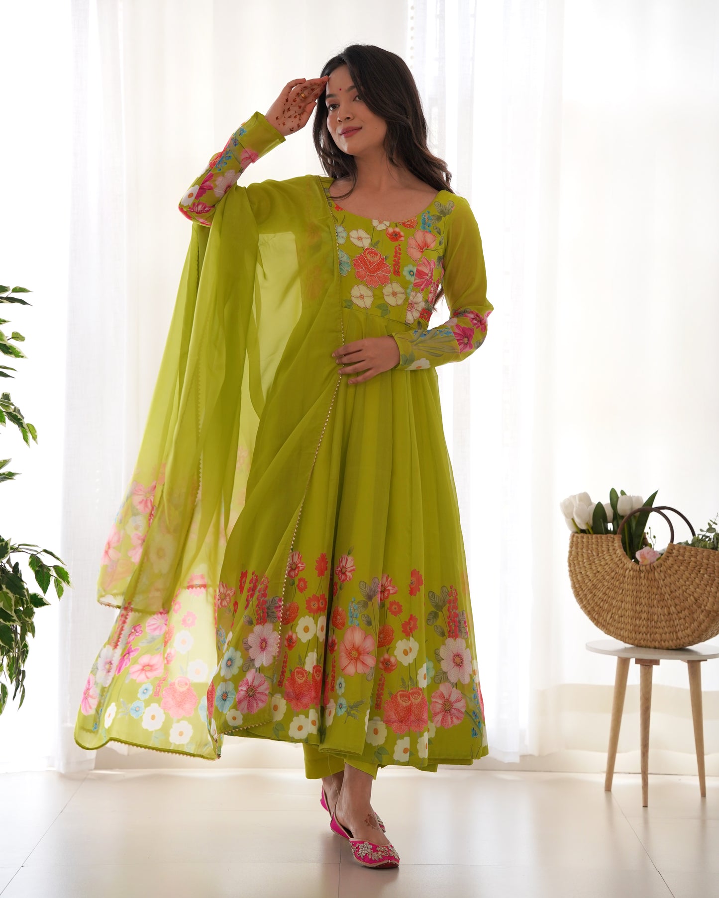 NEON COLOR FLORAL PRINT ORGANZA ANARKALI SUIT SET OF 3