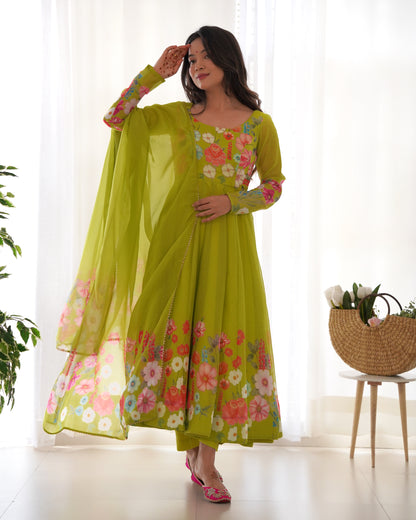 NEON COLOR FLORAL PRINT ORGANZA ANARKALI SUIT SET OF 3