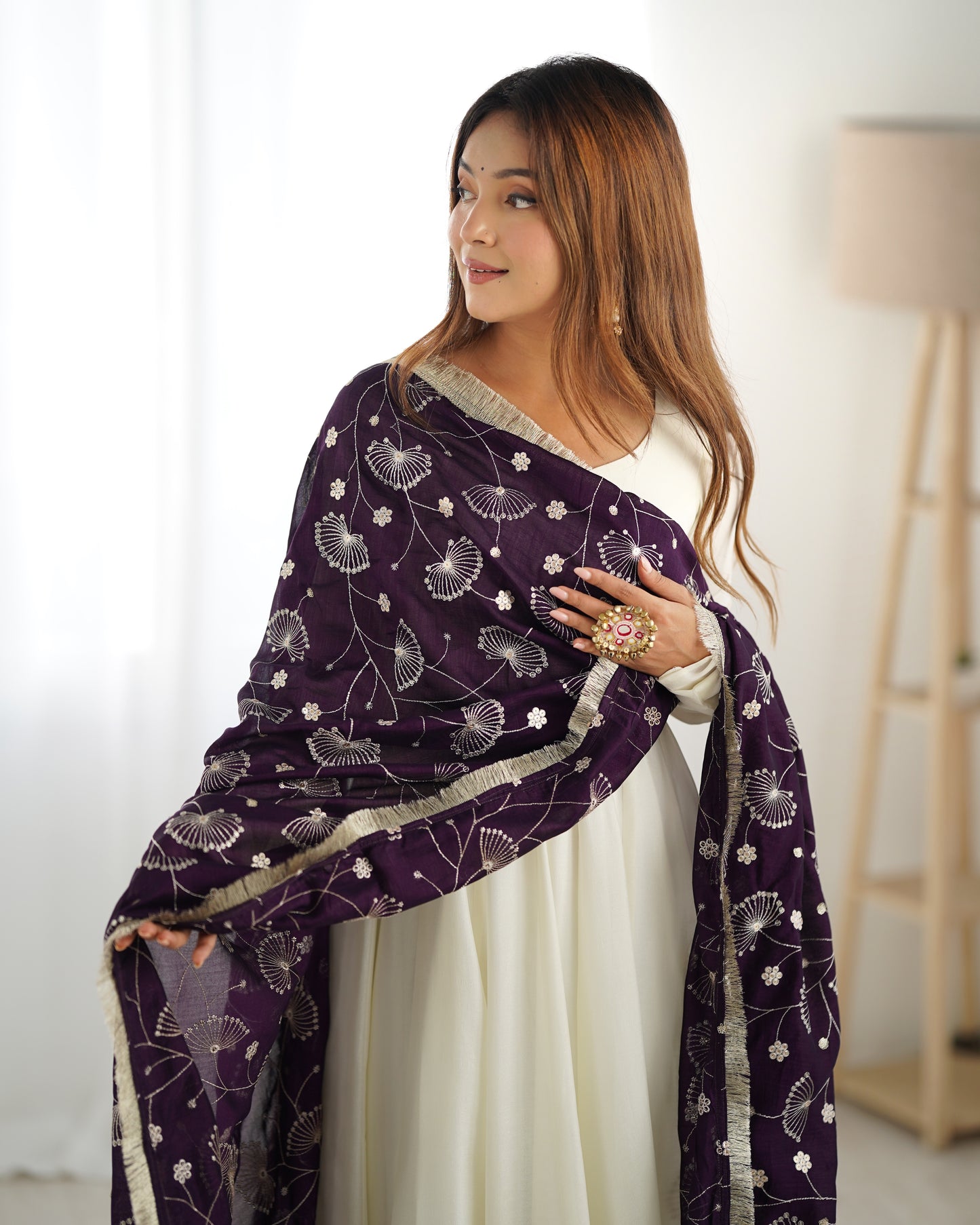 WHITE COLOR SOFT VICHITRA SILK ANARKALI WITH DARK PURPLE DUPATTA