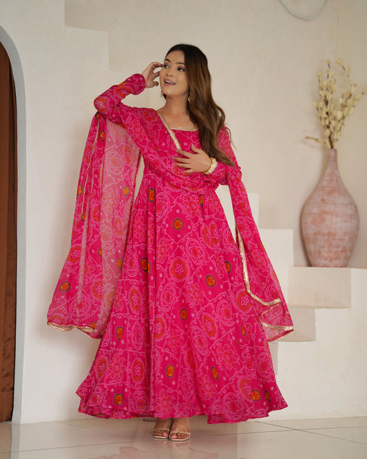 RANI PINK COLOR BANDHEJ PRINT SOFT CHIFFON ANARKALI SUIT SET OF 3
