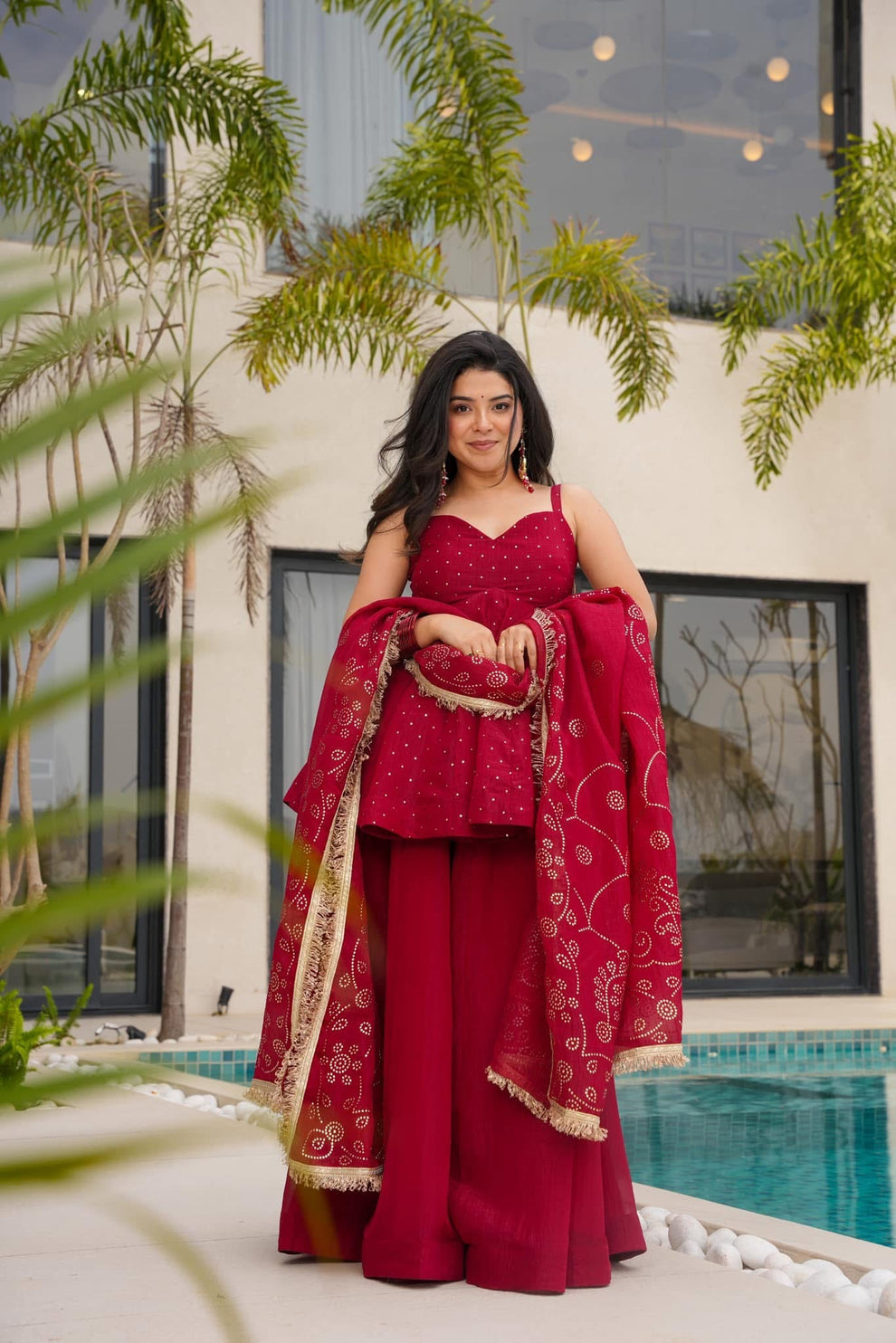 CHERRY RED TABBY ORGANZA MUKESH WORK PALAZZO SUIT SET OF 3