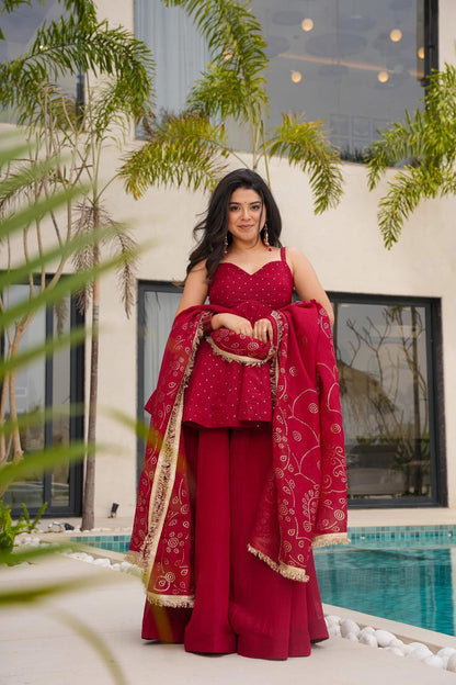 CHERRY RED TABBY ORGANZA MUKESH WORK PALAZZO SUIT SET OF 3