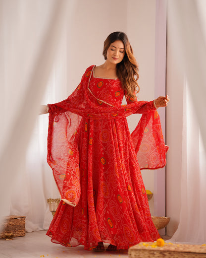 RED COLOR BANDHEJ PRINT SOFT CHIFFON ANARKALI SUIT SET OF 3