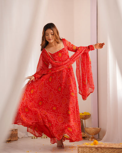 RED COLOR BANDHEJ PRINT SOFT CHIFFON ANARKALI SUIT SET OF 3