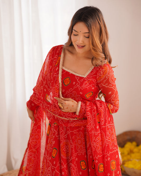 RED COLOR BANDHEJ PRINT SOFT CHIFFON ANARKALI SUIT SET OF 3