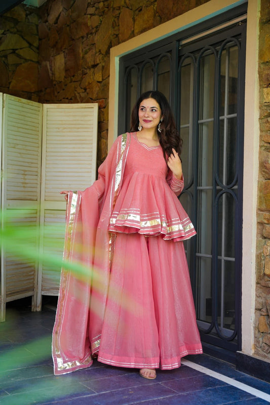 PINK COLOR TISSUE CRUSH FABRIC KURTA SUIT SET OF 3