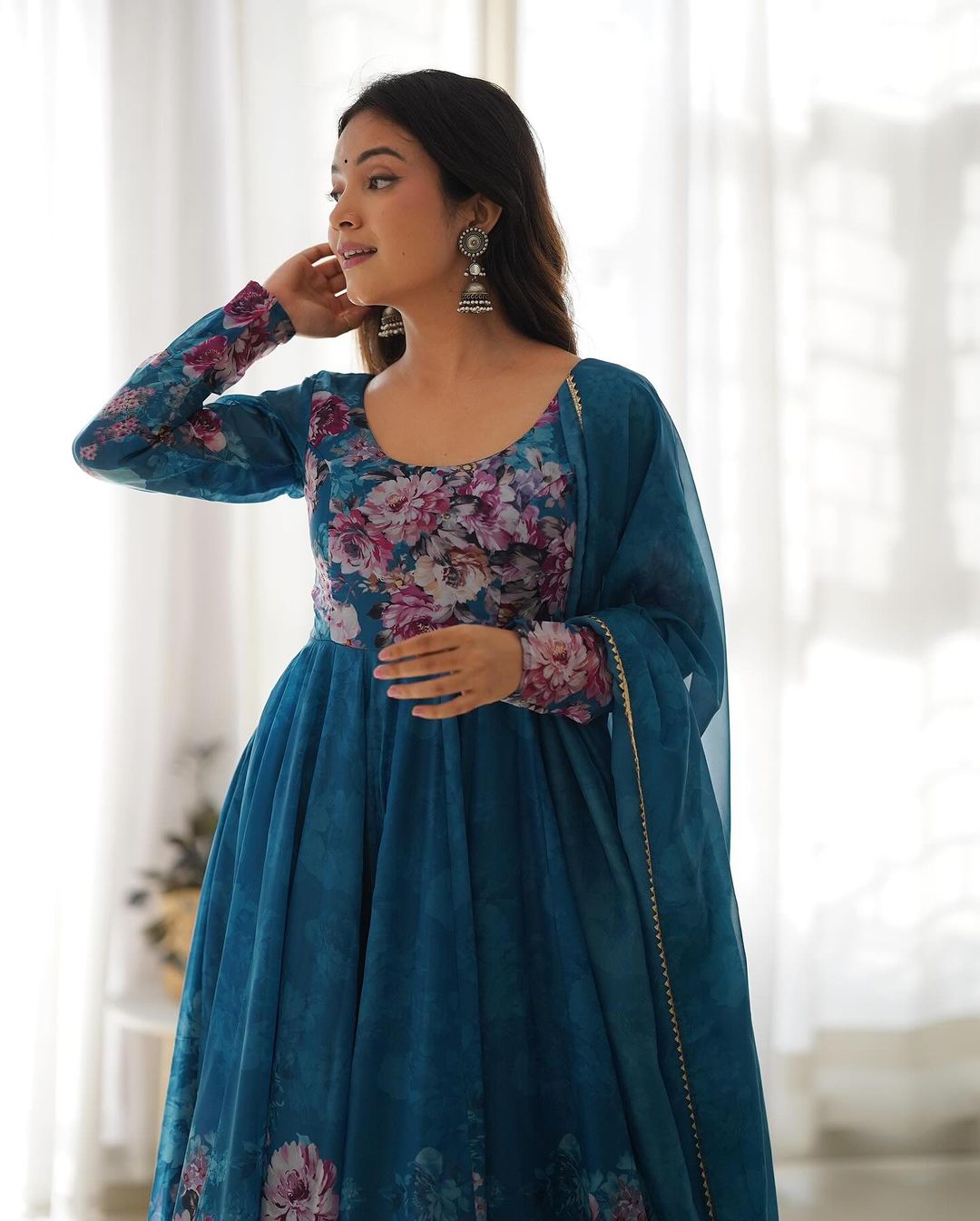 RAMA COLOR FLORAL PRINT ORGANZA THREE PIECE ANARKALI SUIT