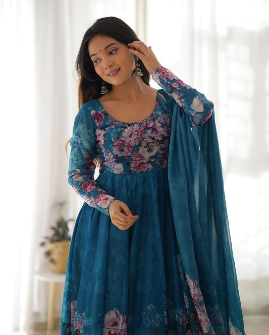 RAMA COLOR FLORAL PRINT ORGANZA THREE PIECE ANARKALI SUIT