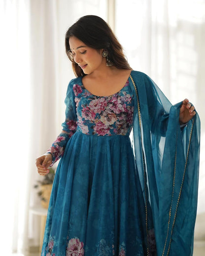 RAMA COLOR FLORAL PRINT ORGANZA THREE PIECE ANARKALI SUIT
