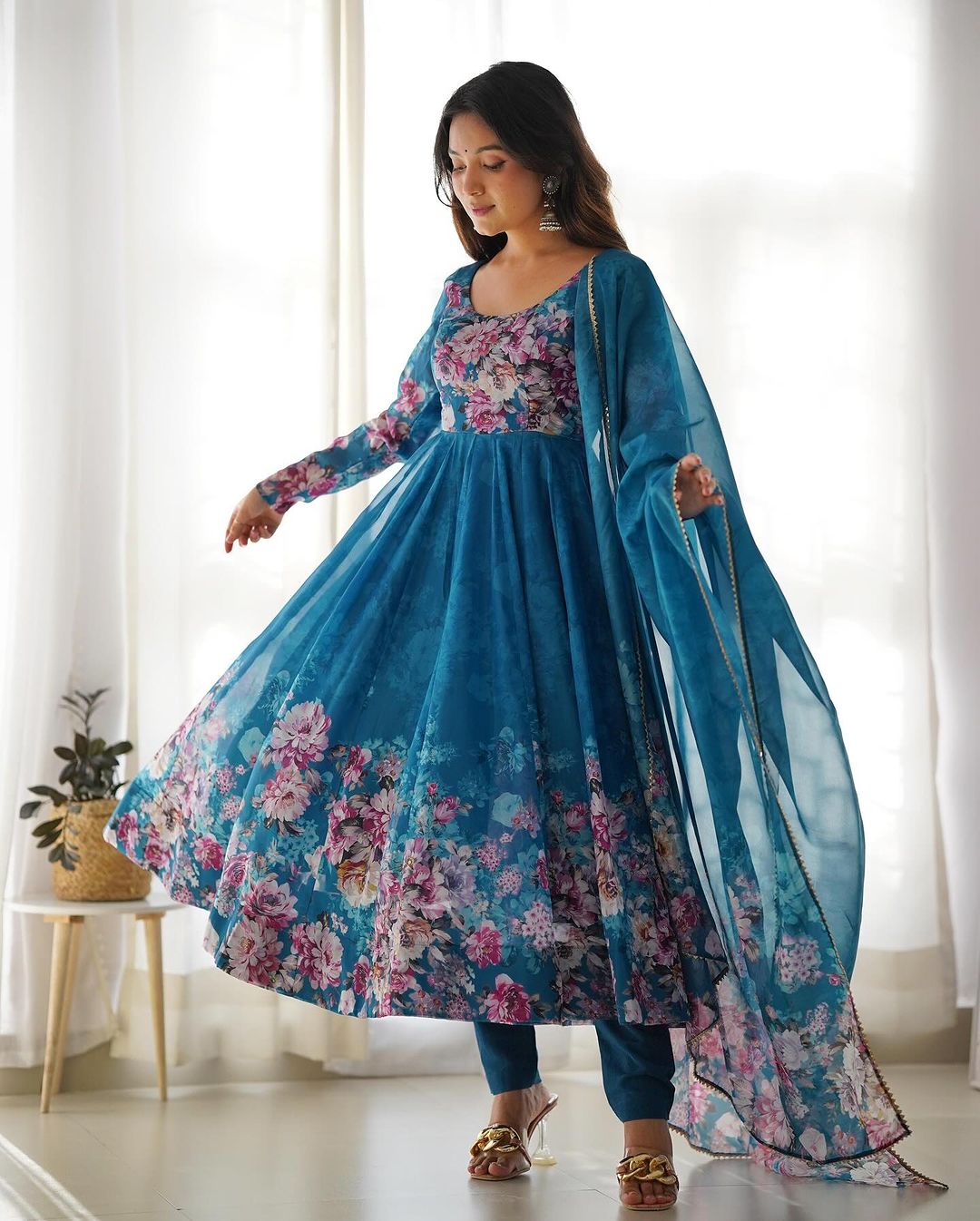 RAMA COLOR FLORAL PRINT ORGANZA THREE PIECE ANARKALI SUIT