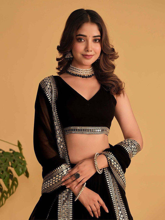 MIDNIGHT BLACK COLOR SEQUNCE ZARI EMBROIDERED GEORGETTE ATTRACTIVE BORDER LEHENGA CHOLI WITH DUPATTA